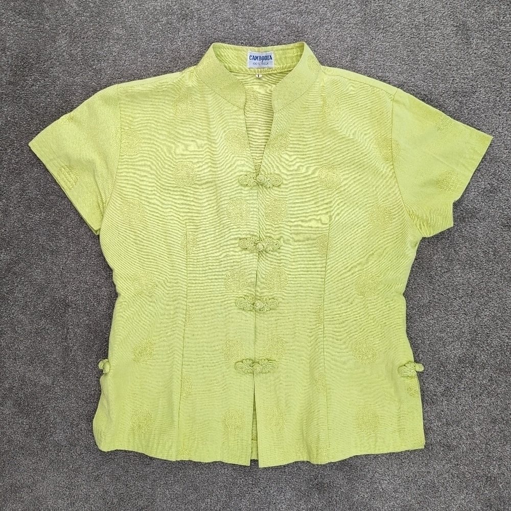 CAMBODIA silk short sleeve button down shirt blouse size Large